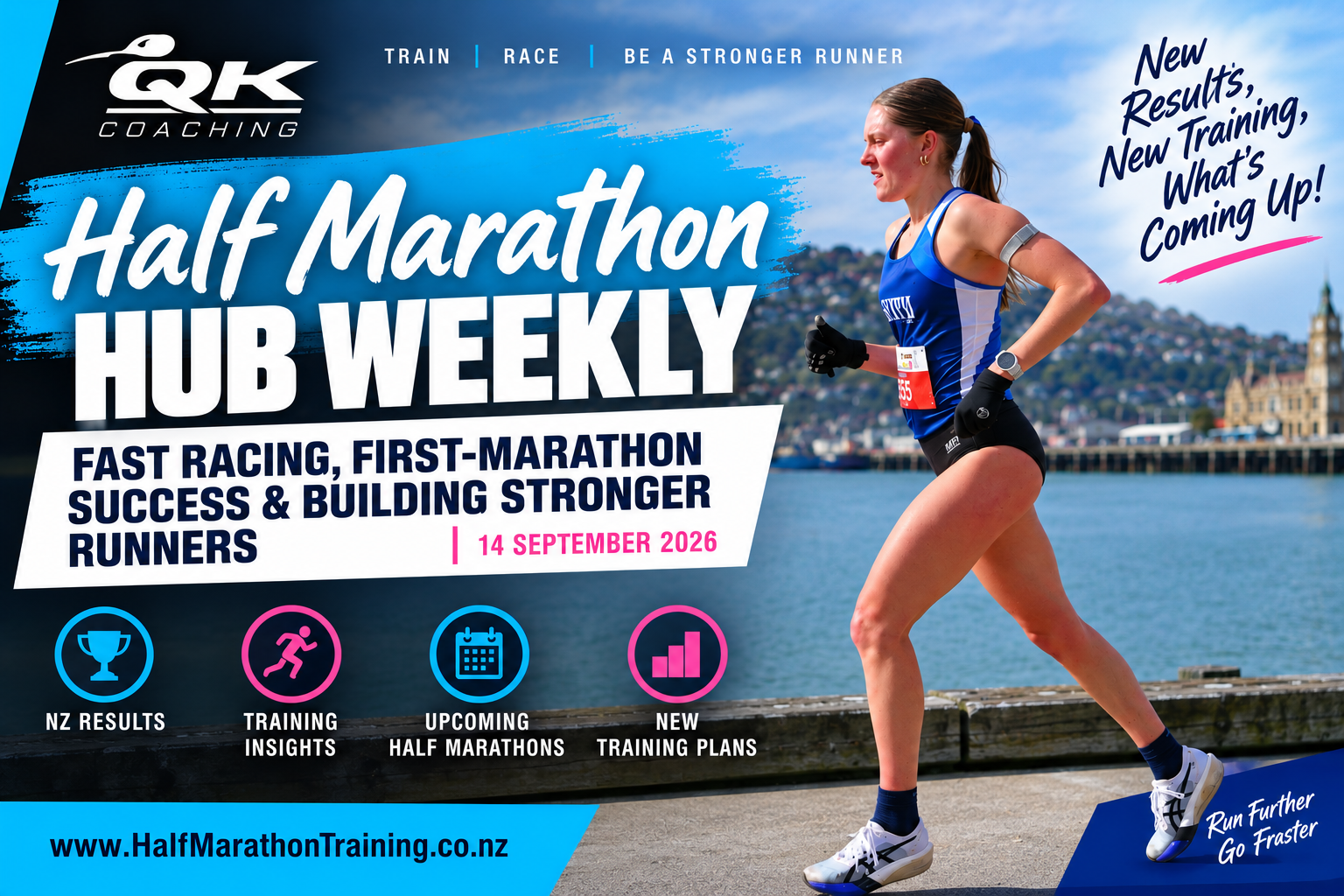 Half Marathon Hub Weekly 14 September 2026 featuring a runner with NZ results, training insights and upcoming half marathons